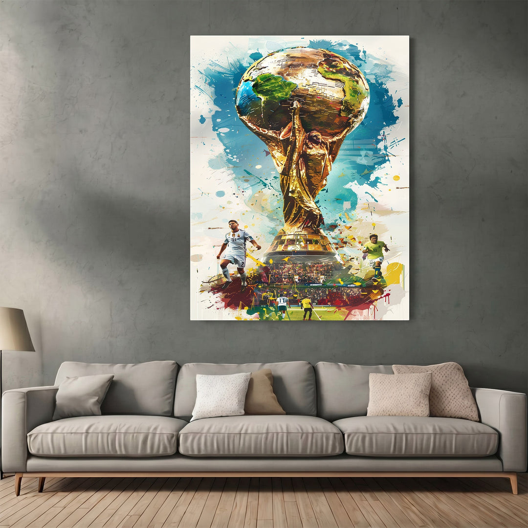 Wadi Home framed wall art featuring a vibrant, artistic golden soccer trophy with players on a splash-style background.