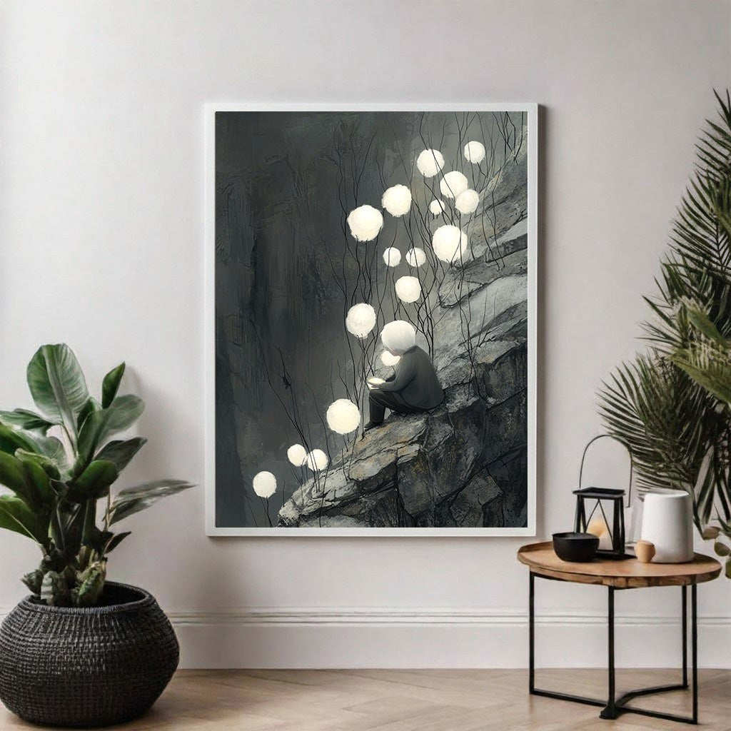 Wadi Home 'The Solitary Reader' art print featuring a figure reading amongst glowing orbs on a rocky cliff.