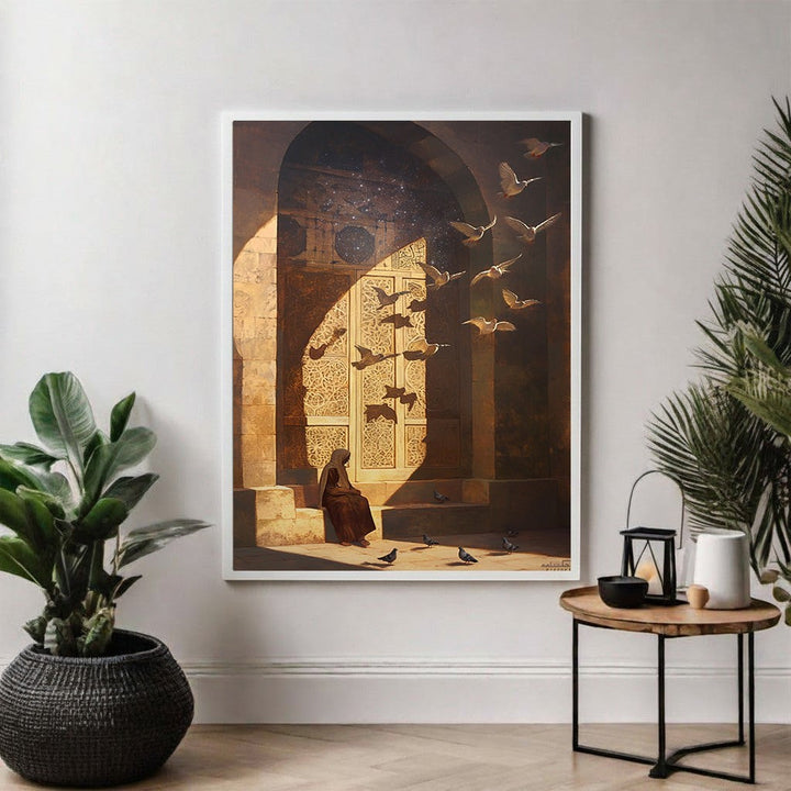 Wadi Home wall art: lone figure in doorway with birds flying against starry sky, earthy tones, spiritual tranquility.