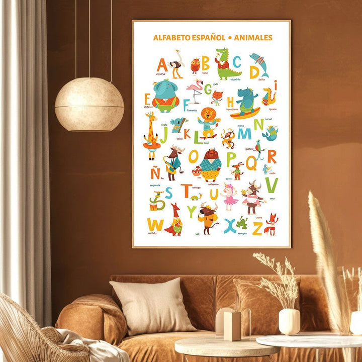 Wadi Home Spanish animal alphabet wall art poster with colorful illustrations in a modern living room setting.