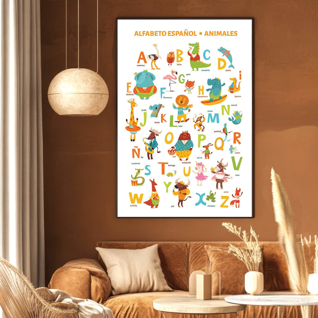 Wadi Home educational Spanish animal alphabet wall art poster with colorful illustrations in a modern living room