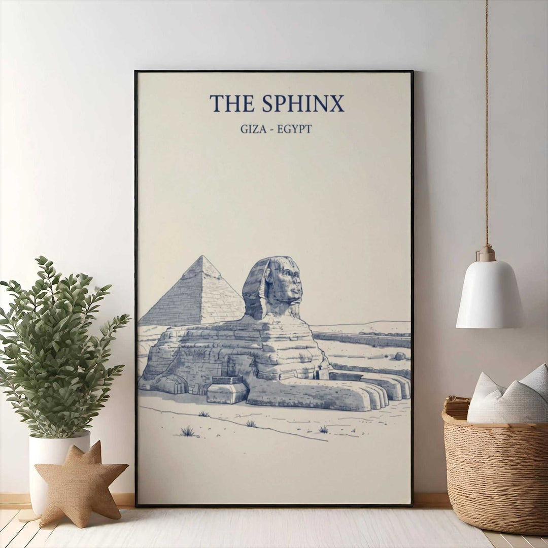 Wadi Home minimalist line drawing poster of the Sphinx and pyramids in Giza, Egypt. Blue ink on cream paper.