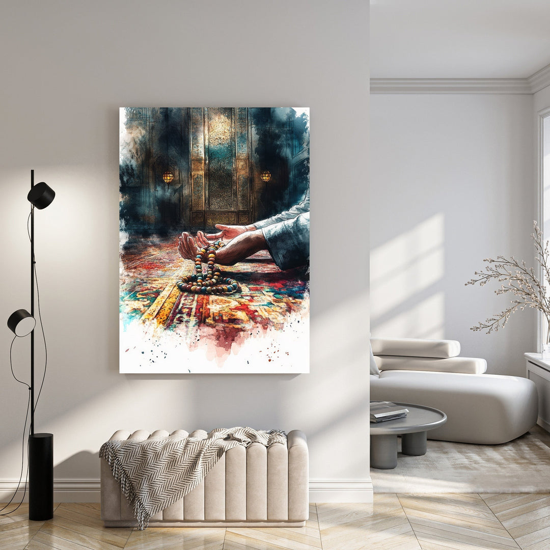 Wadi Home spiritual artwork of hands holding prayer beads, watercolor style, rich colors, framed or canvas print.