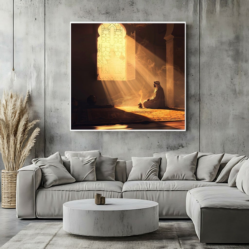 Wadi Home Spiritual Reflection wall art print featuring a person praying in golden light, displayed in a modern living room