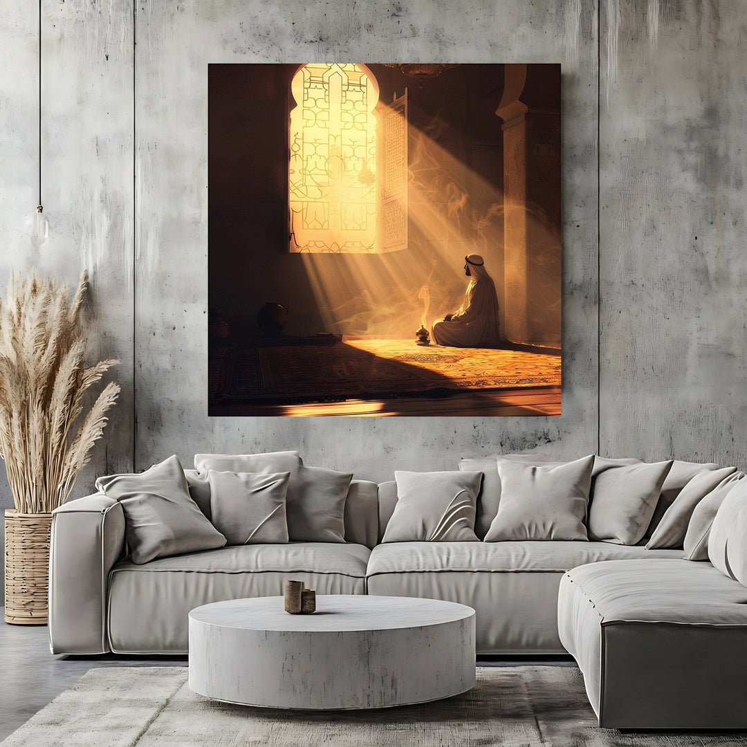 Wadi Home Spiritual Reflection wall art print featuring a person praying in golden light above a modern grey sofa.