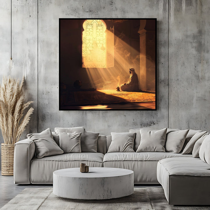 Wadi Home spiritual reflection wall art print featuring a person praying in golden light, displayed in a modern living room.