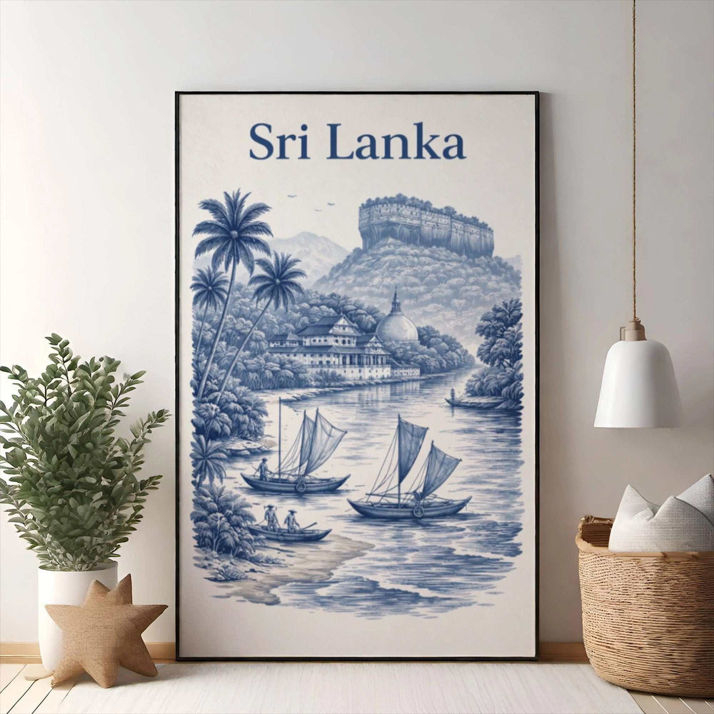 Wadi Home Sri Lanka landscape art print in blue and white toile style, featuring boats on a river, palm trees, temple, and ancient ruins.