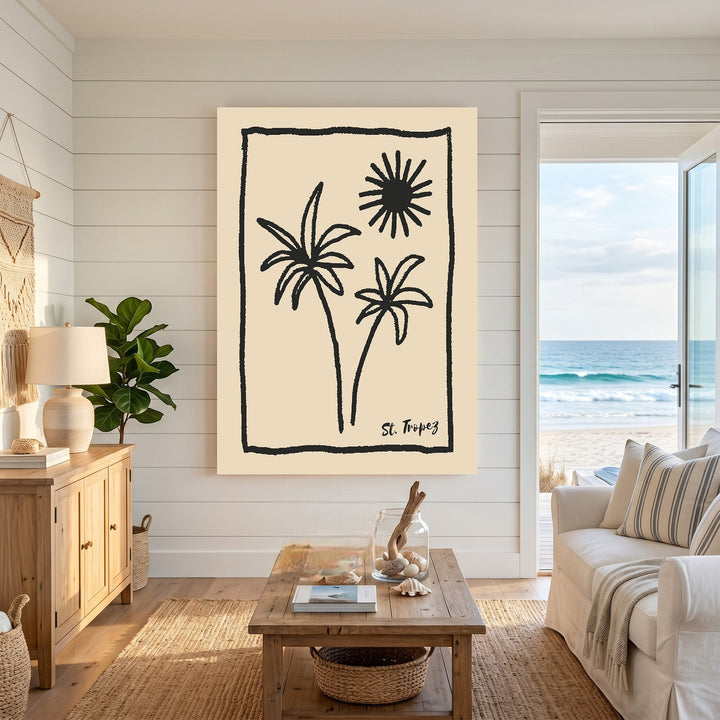 Wadi Home St Tropez palm tree framed wall art with black ink illustration on cream background in coastal living room