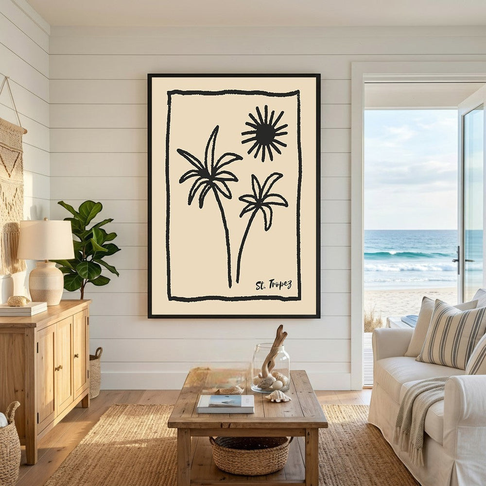 Wadi Home St Tropez palm tree framed wall art with minimalist black ink illustration on a cream background