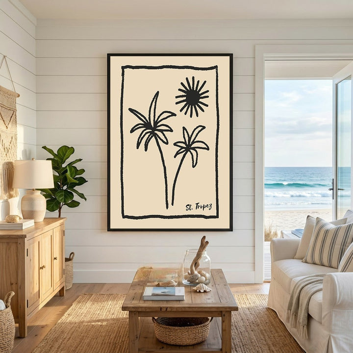 Wadi Home St Tropez palm tree framed wall art with minimalist black ink illustration on a cream background