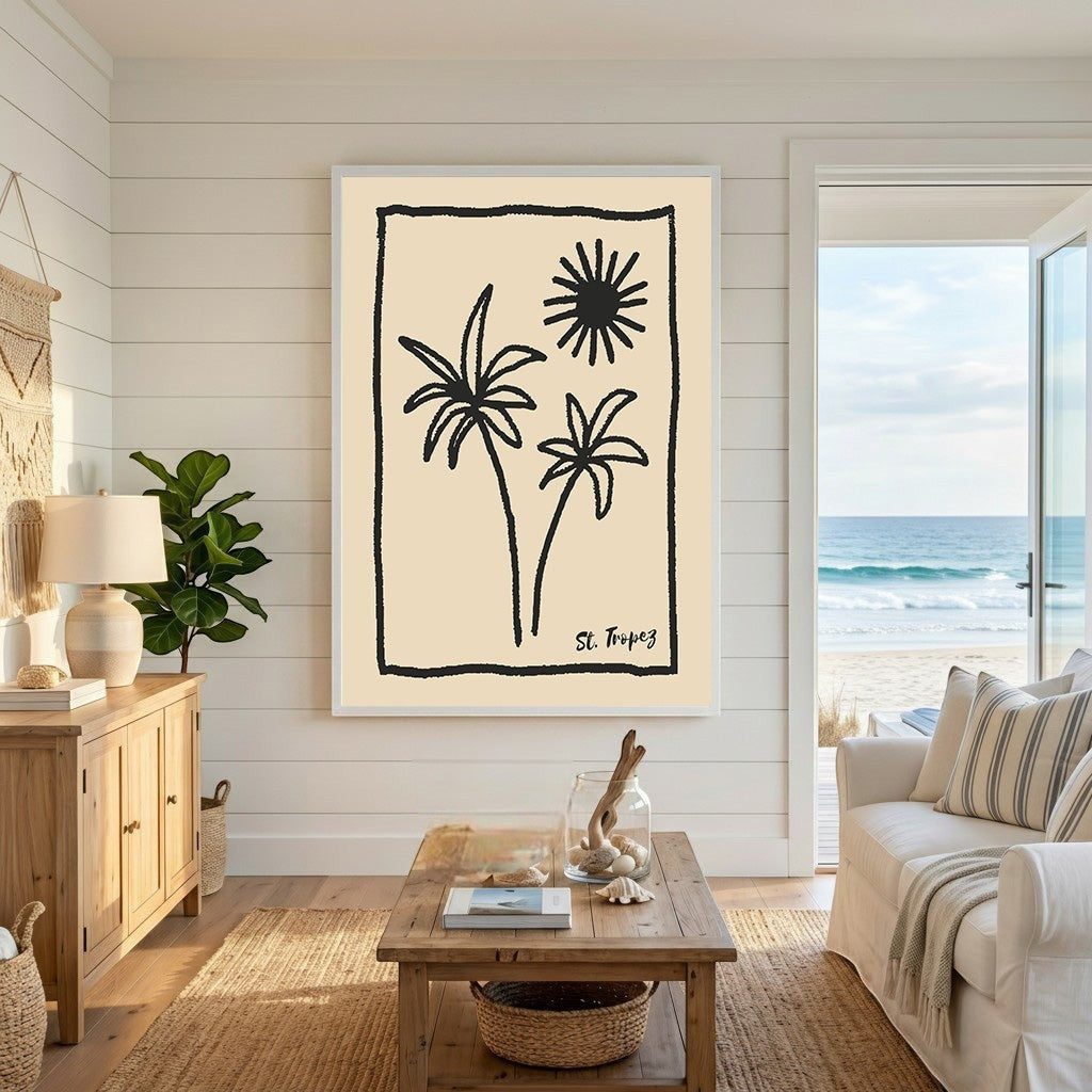 Wadi Home St Tropez palm tree framed wall art with black ink illustration on cream background in a coastal living room