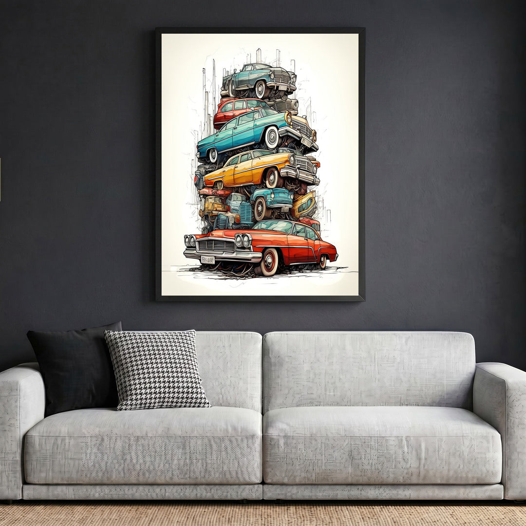 Wadi Home stacked vintage automobile wall art print featuring colorful classic cars in a sketch-style illustration.