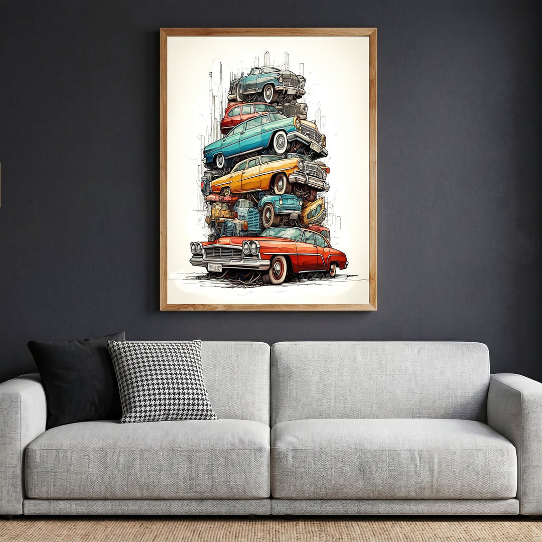 Wadi Home stacked vintage automobile wall art print featuring a sketch-style illustration of classic cars in a frame.