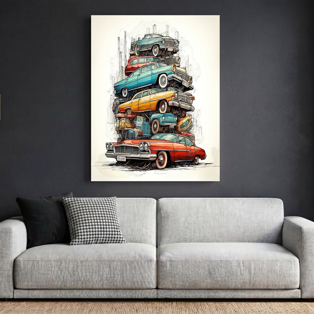 Wadi Home stacked vintage automobile wall art print featuring a colorful sketch of classic cars above a grey sofa.