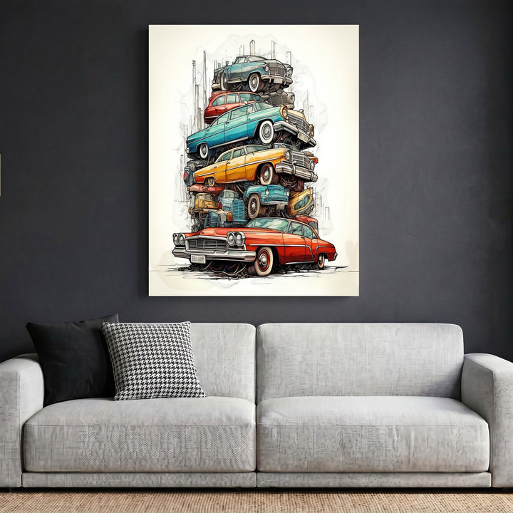 Wadi Home stacked vintage automobile wall art print featuring a colorful sketch of classic cars above a grey sofa.