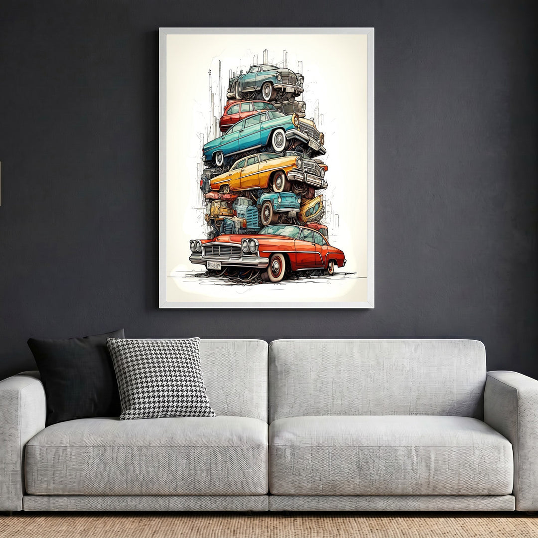 Wadi Home stacked vintage automobile wall art print featuring a sketch-style illustration of classic cars in a frame.