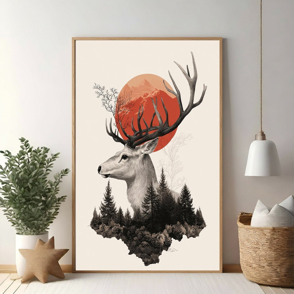 Wadi Home Majestic Stag Forest Landscape Wall Art featuring a white stag with large antlers against a red sunset and dark forest.