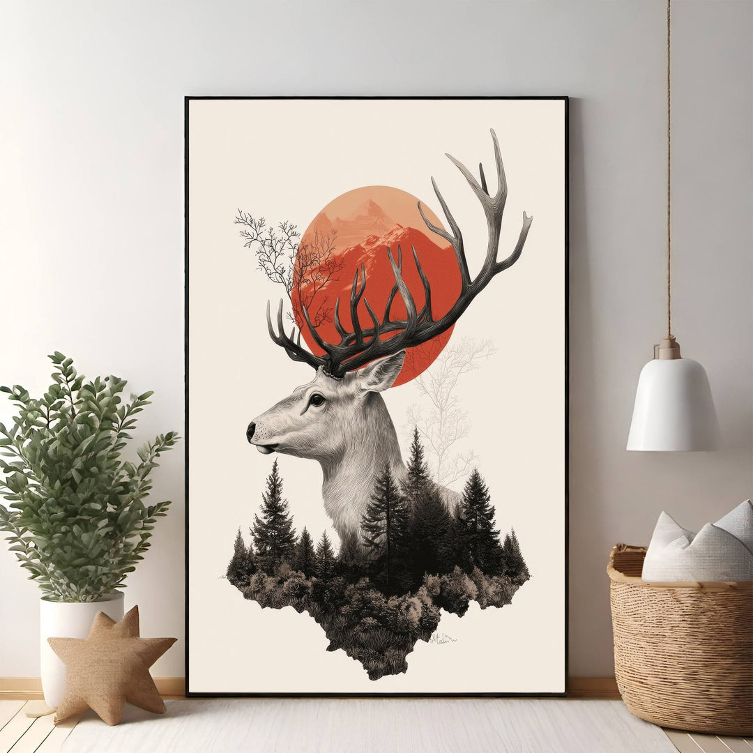 Wadi Home Majestic Stag Forest Landscape Wall Art featuring a stag with large antlers, pine trees, and a red sun.