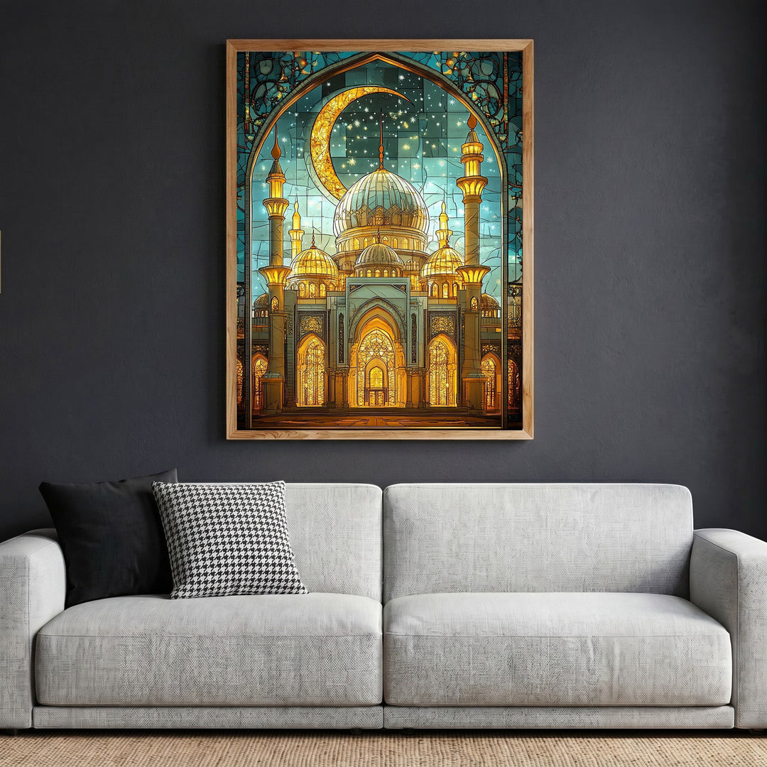 Wadi Home stained glass mosque wall art print featuring a golden crescent moon and minarets in teal and amber tones.