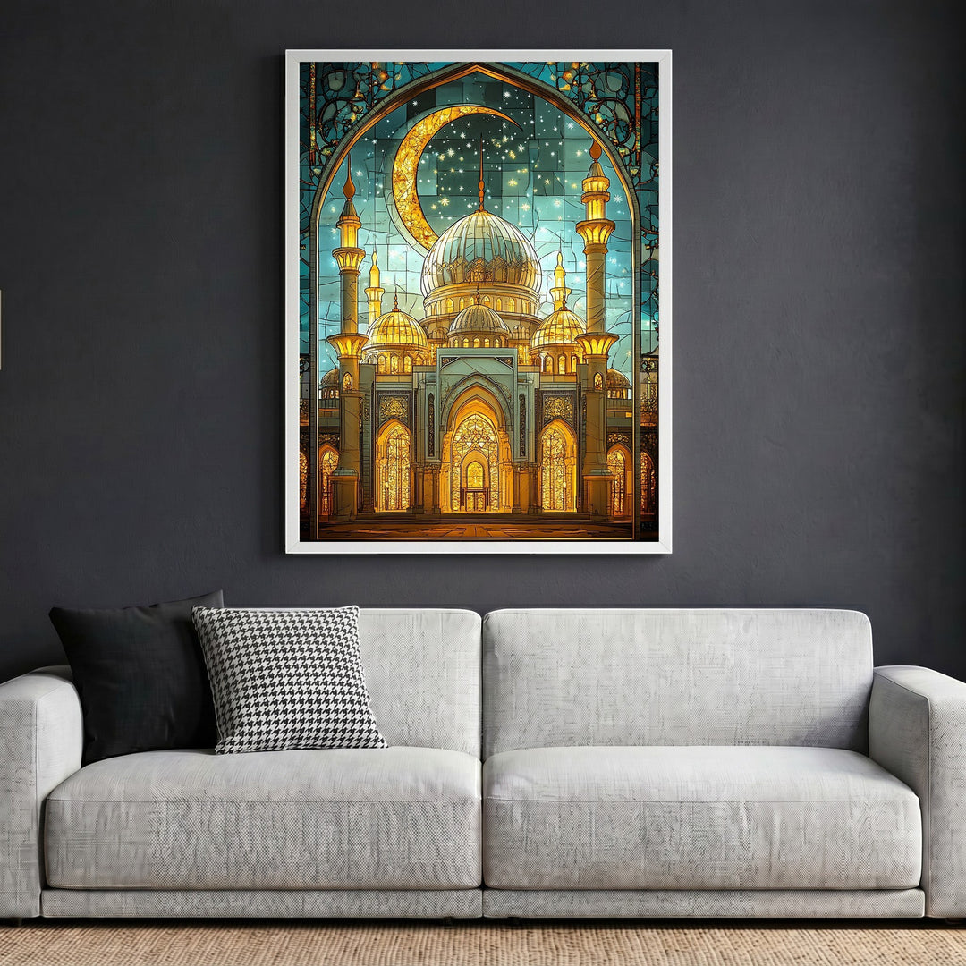 Wadi Home stained glass mosque wall art print featuring a golden crescent moon and minarets in teal and amber tones.