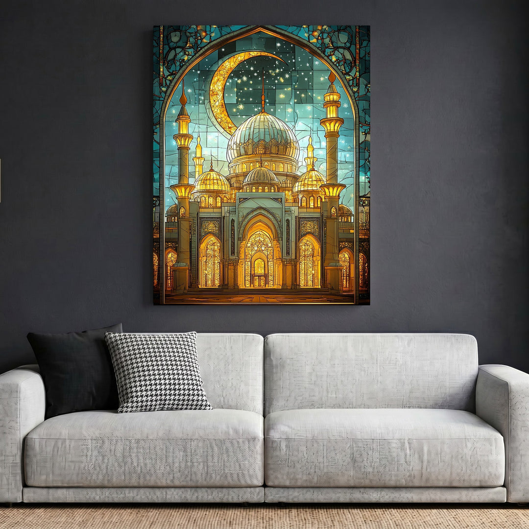 Wadi Home stained glass mosque wall art print featuring a golden crescent moon and minarets above a modern sofa.