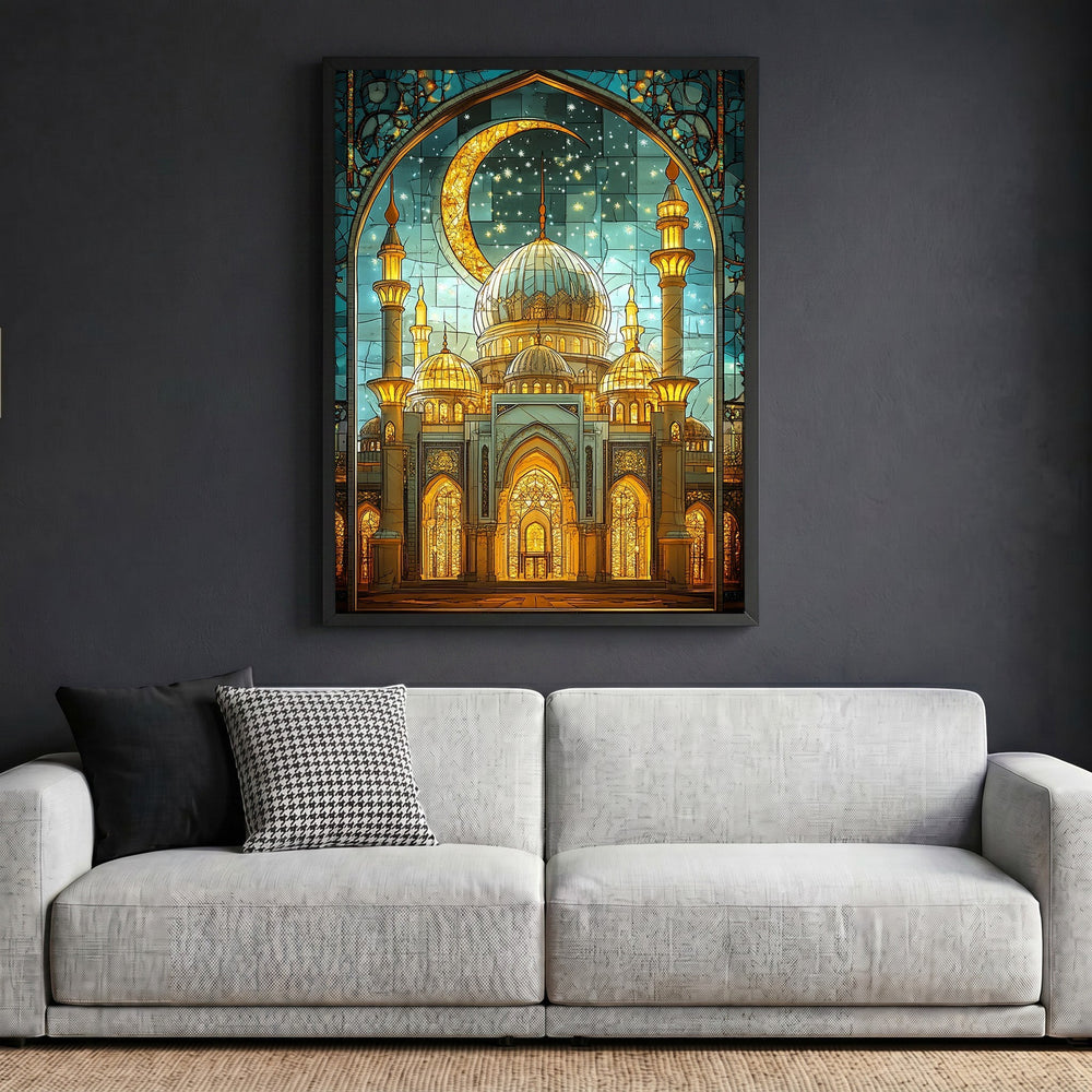 Wadi Home stained glass mosque wall art print featuring a golden crescent moon and minarets in a modern living room.