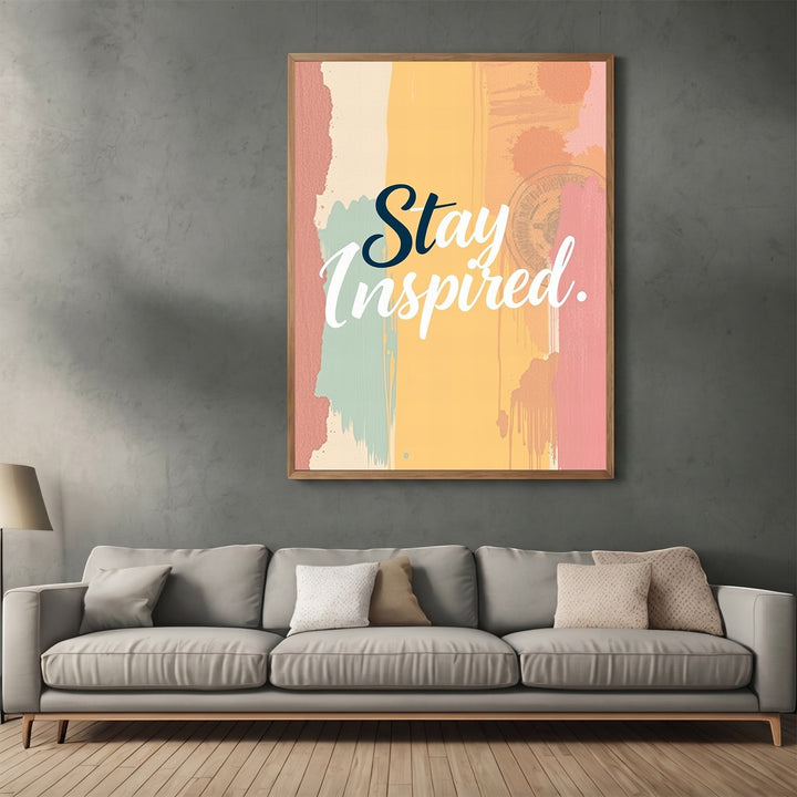 Wadi Home Stay Inspired wall art print with abstract yellow, pink, and teal background in a modern living room.