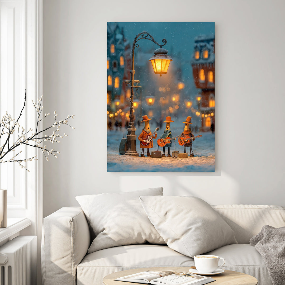 Wadi Home street musicians artwork featuring three whimsical characters playing guitars under a vintage streetlamp in a snowy European town.