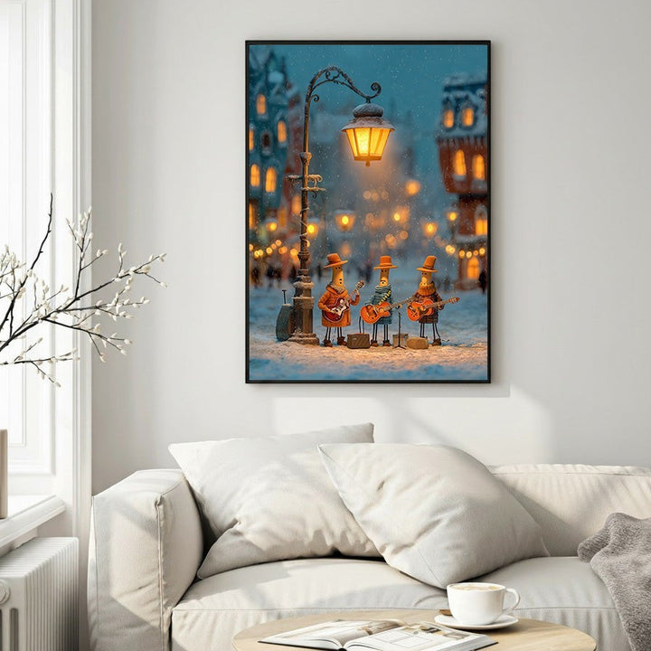 Wadi Home Street Musicians In Winter Wonderland art print featuring three whimsical characters playing instruments under a vintage streetlamp in a snowy European town.