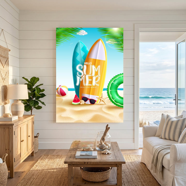 Wadi Home summer beach theme wall art print with surfboards and palm leaves displayed in a coastal living room.