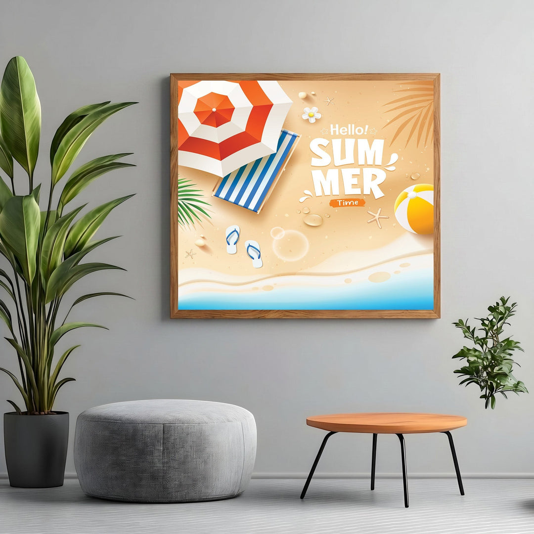 Wadi Home summer beach wall art print in a wooden frame featuring a sandy shore, striped umbrella, and beach ball.