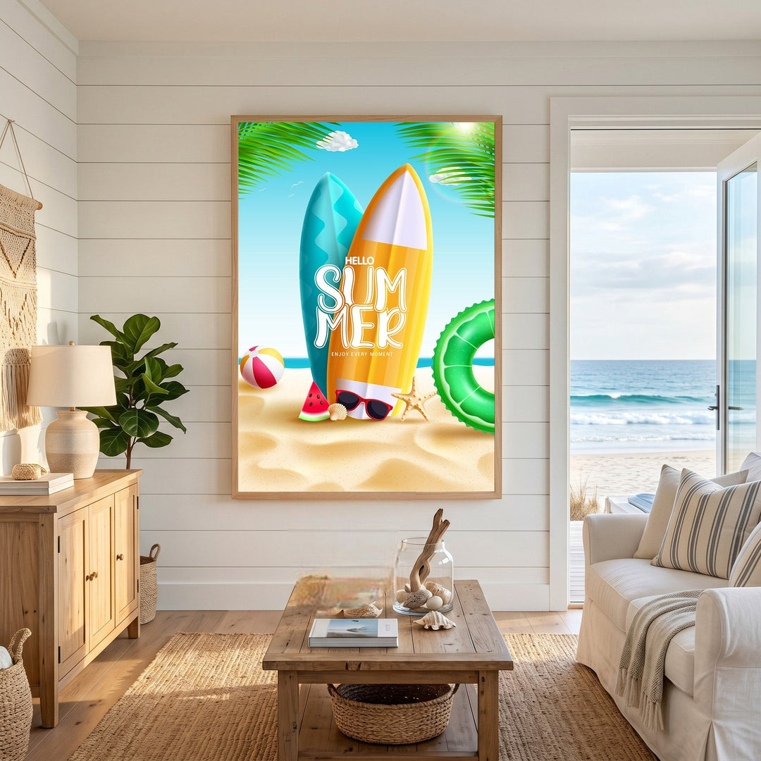 Wadi Home summer beach theme wall art print featuring surfboards and palm fronds in a coastal living room setting.