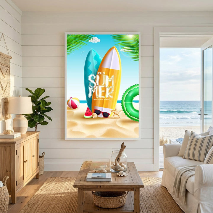 Wadi Home summer beach wall art print featuring surfboards and palm leaves in a coastal living room setting.