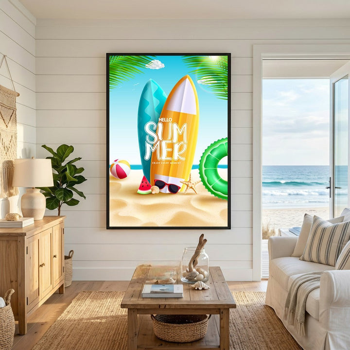 Wadi Home summer beach theme wall art print featuring surfboards and tropical palm fronds in a coastal living room.
