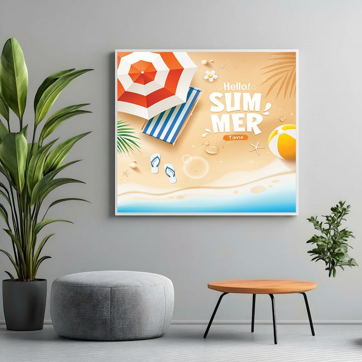 Wadi Home summer beach themed wall art print with striped umbrella and Hello Summer typography in a modern living room.