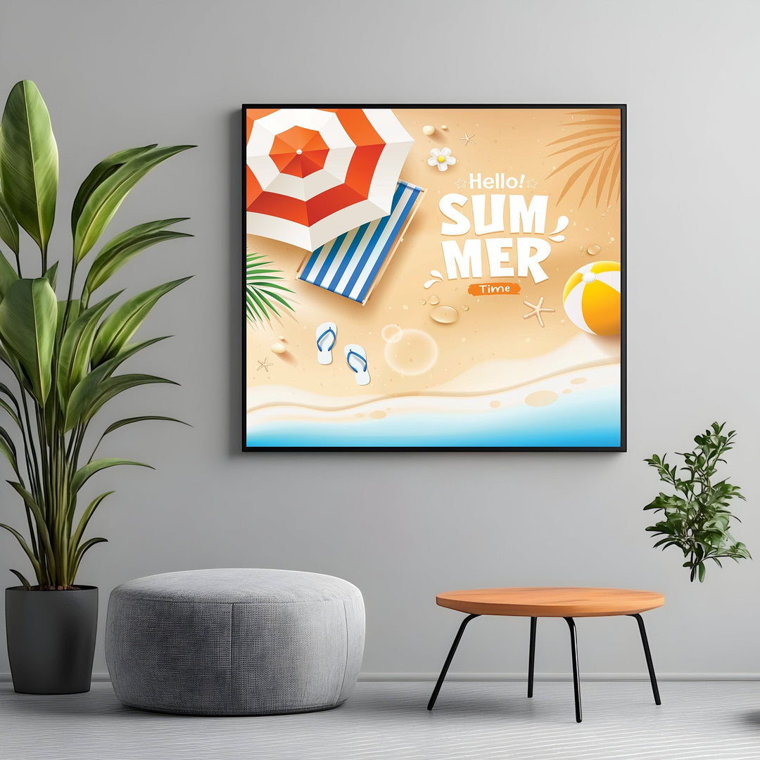 Wadi Home summer beach wall art print with striped umbrella and flip-flops in a modern living room setting.