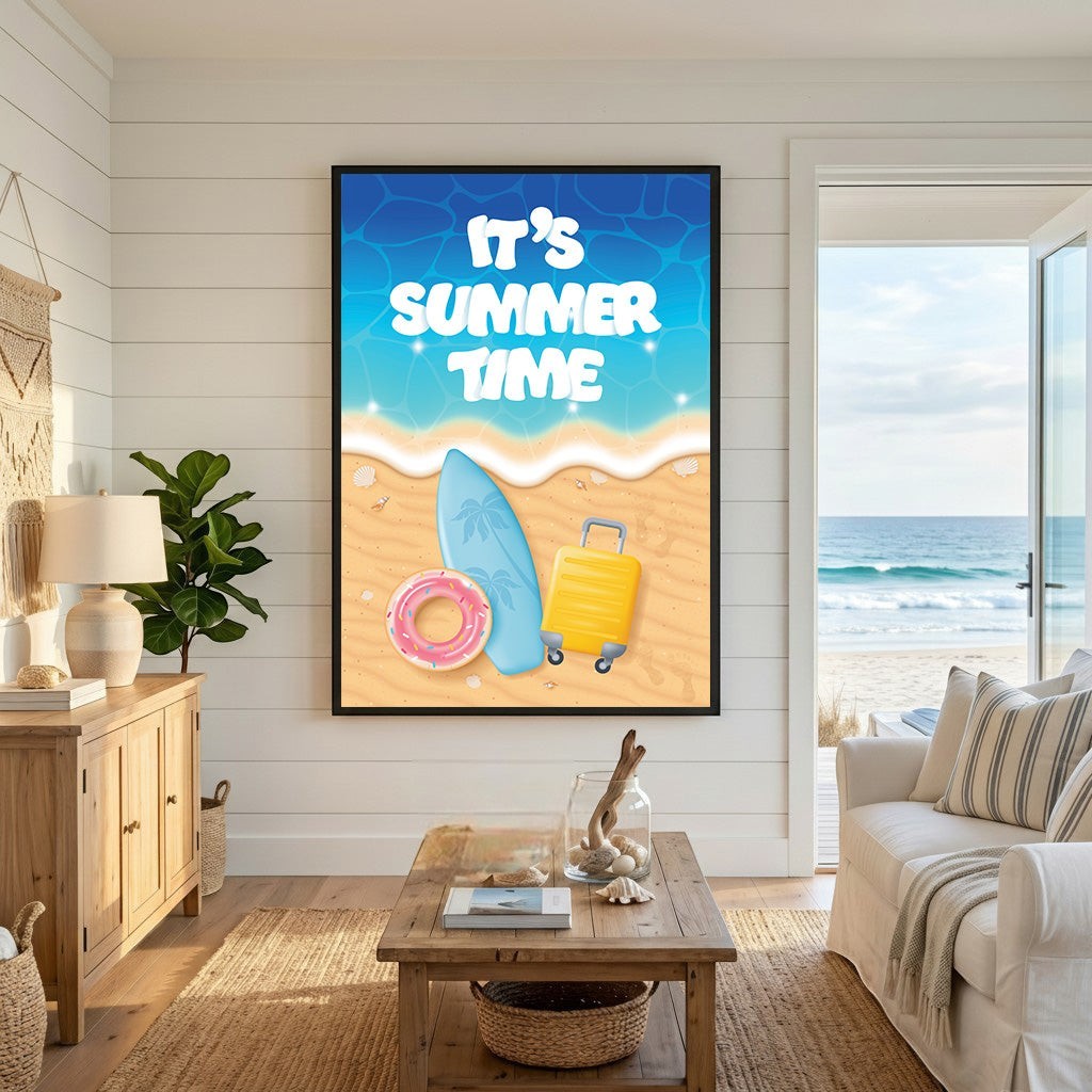 Wadi Home summer vacation wall art print featuring a surfboard, yellow suitcase, and pink floatie on a beach scene.