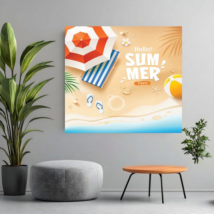Wadi Home summer beach themed wall art print featuring a striped umbrella, beach towel, and Hello Summer typography.