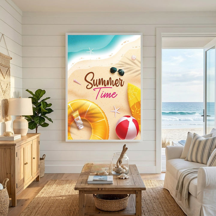 Wadi Home Summer Time beach themed wall art print featuring a yellow floatie and beach ball in a coastal living room.