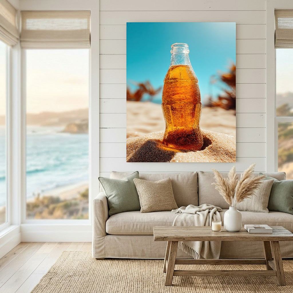 Wadi Home wall art print of a cold soda bottle in beach sand displayed above a neutral sofa in a coastal living room