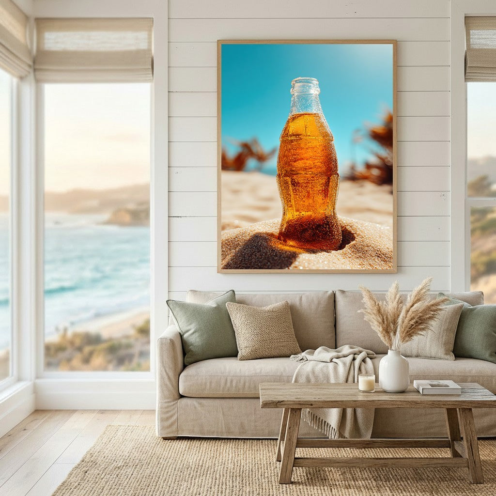 Wadi Home wall art print featuring a cold glass beverage bottle in beach sand displayed in a coastal living room