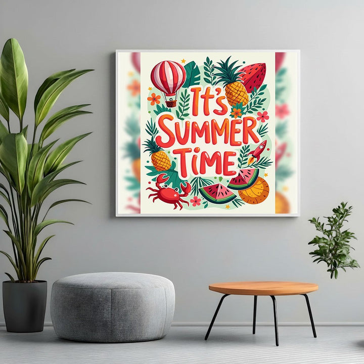 Wadi Home decorative summer wall art print featuring colorful pineapples, watermelon, and crab on a neutral wall.