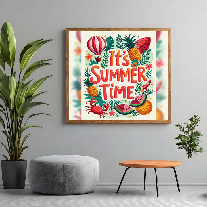 Wadi Home summer themed wall art print featuring pineapple, watermelon, and crab illustrations in a wooden frame.