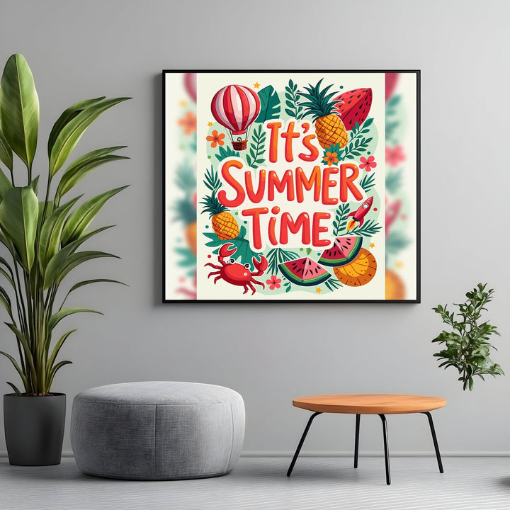 Wadi Home summer-themed wall art print featuring pineapple, watermelon, and crab illustrations in a modern living room.