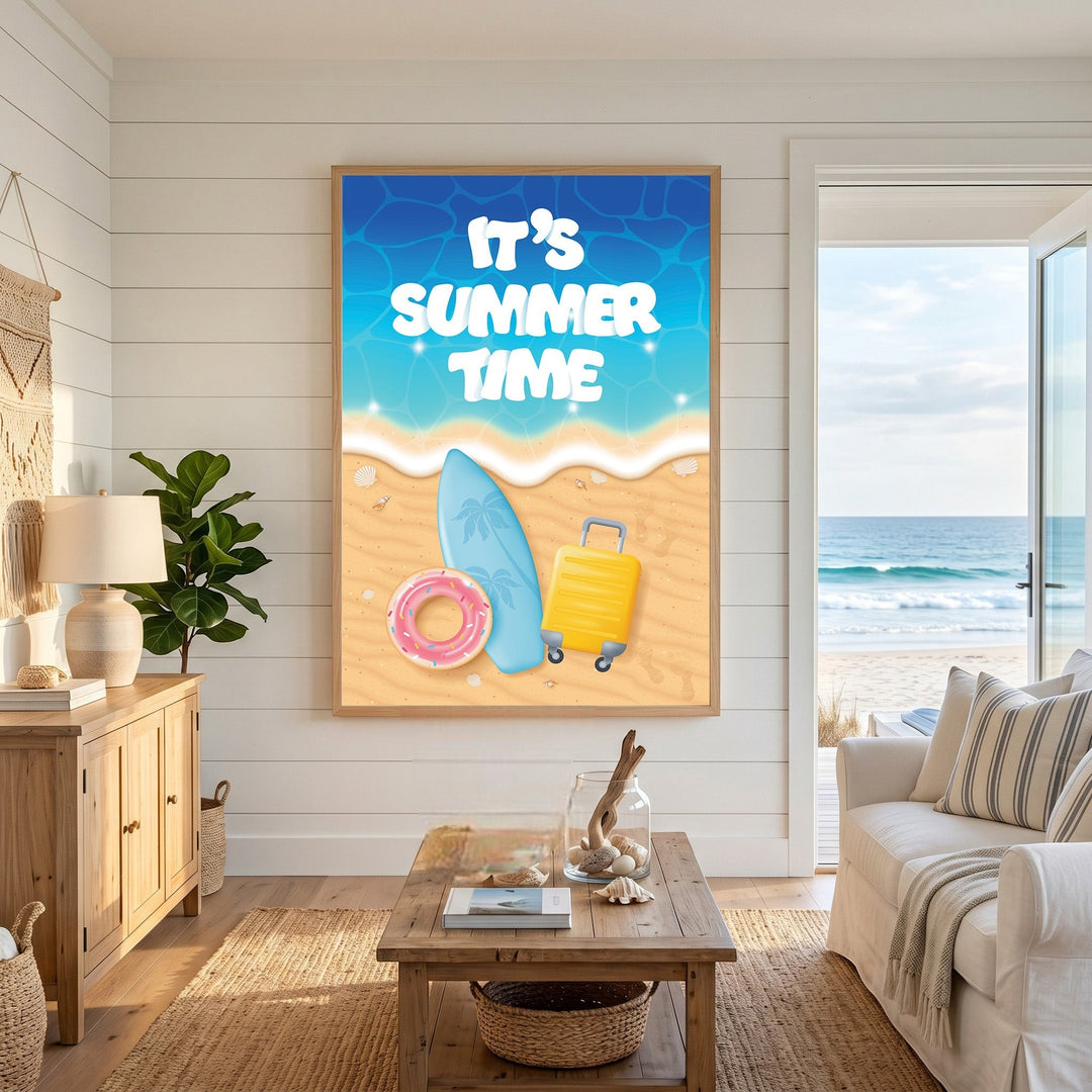 Wadi Home summer vacation wall art print featuring a surfboard, suitcase, and pool float on a beach with ocean waves.