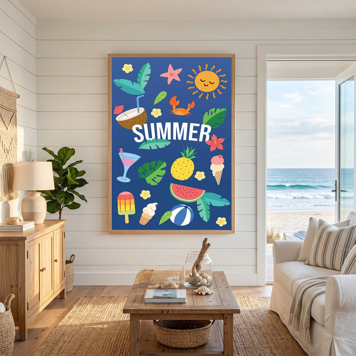 Wadi Home summer theme wall art print with tropical icons on a blue background, displayed in a coastal living room.