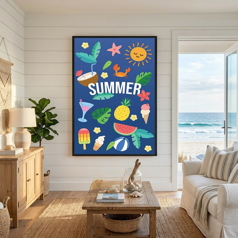 Wadi Home summer theme wall art print with tropical icons on a blue background in a coastal living room