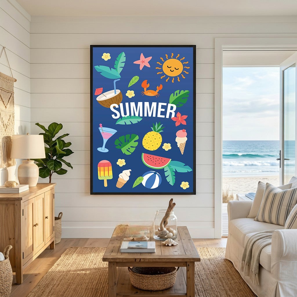 Wadi Home summer theme wall art print with tropical icons on a blue background in a coastal living room
