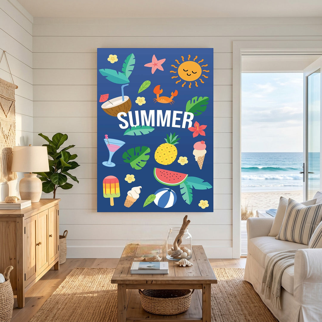 Wadi Home summer theme wall art print with tropical icons on a blue background displayed in a coastal living room.