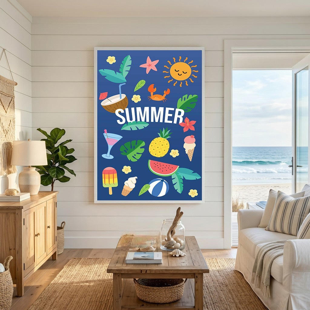 Wadi Home summer theme wall art print with tropical icons on a deep blue background in a coastal living room.